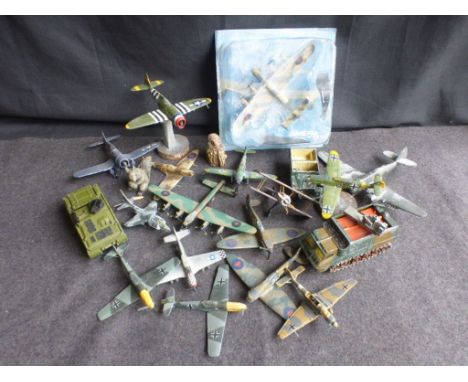 Collection of military diecast models to include Dinky, Britains etc, some on stands 