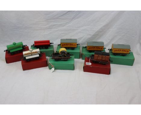 Eight boxed Hornby O gauge items of rolling stock to include No 50 Gas Cylinder Wagon, No 50 Salt Wagon SAXA Salt x 3, No 50 