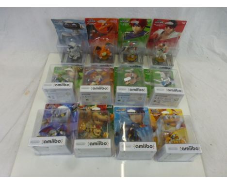 12 Carded/boxed Nintendo Amiibo Super Smash Brothers figures to include 56 Ryu, 46 R.O.B., 15 Luigi, 5 Link, 8 Wii Fit Traine