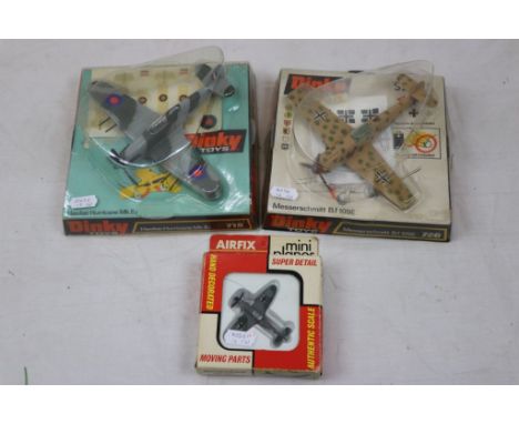 Two boxed Dinky diecast planes to include Hawker Hurricane mk 11c and Messerschmitt Bf 109E plus a boxed Airfix Bachmann Mini