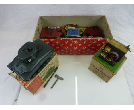 Group of toys to include Triang Minic Series II clockwork powered Sherman Tank, box tatty, a Merit Product No.1540 Steam Engi