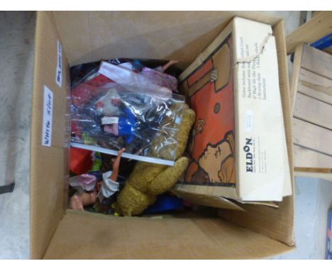 Group of fashion dolls, vintage games and a straw filled teddy bear, features Mattel Barbie