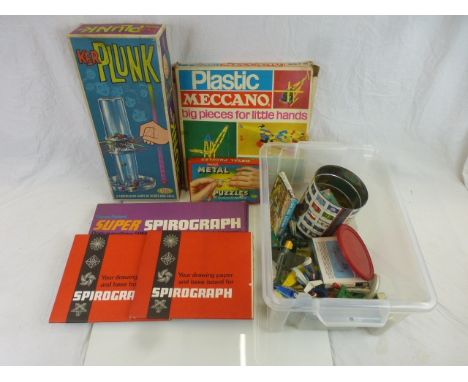 Group of mixed toys to include boxed Denys Fisher Super Spirograph, Dinky diecast model planes, plastic Airfix figures etc