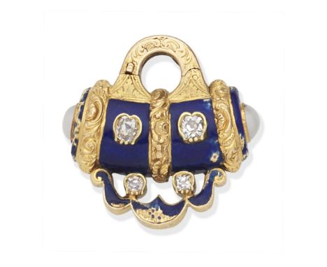 ENAMEL, PEARL AND DIAMOND-SET JEWEL, LATE 19TH CENTURYThe scent bottle with hinged handle with opening to inner chamber, of e