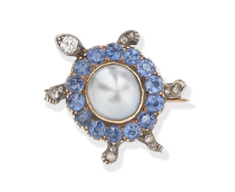 SAPPHIRE, DIAMOND AND BLISTER PEARL TURTLE BROOCH, LATE 19TH CENTURYThe turtle's shell set with a blister pearl of grey tint 