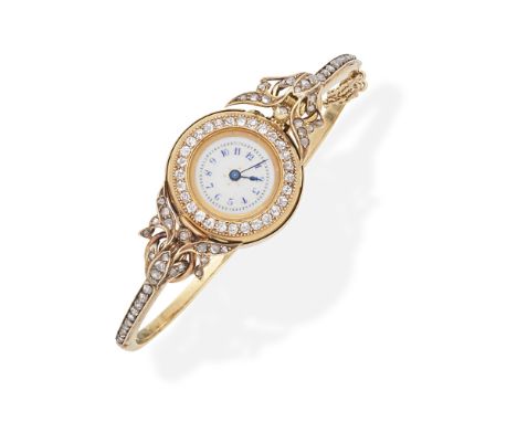 DIAMOND-SET FOB WATCH/BANGLE, 19TH CENTURYThe circular dial with Arabic numerals, within a single-cut diamond bezel, between 