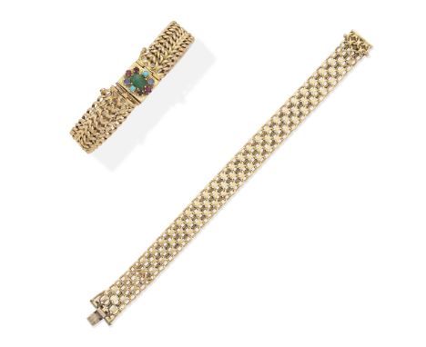 TWO BRACELETS1st: Of fancy-linking, the clasp set with a cluster of  emerald, turquoise, ruby and garnet, 2nd: Of fancy-linki