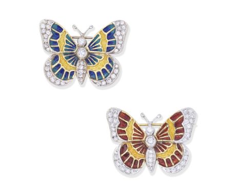 TWO ENAMEL AND DIAMOND-SET BUTTERFLY BROOCHESEach decorated with polychrome enamel and brilliant-cut diamonds, lengths 3.1cm 