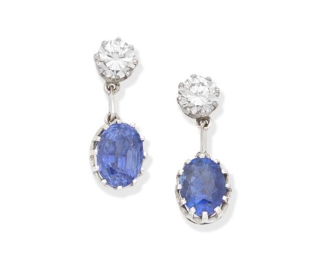 SAPPHIRE AND DIAMOND PENDENT EARRINGSEach  brilliant-cut diamond surmount suspending an oval-cut sapphire, diamonds very appr