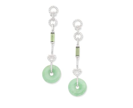 DIAMOND, JADE AND TOURMALINE PENDANT EARRINGSEach brilliant-cut diamond surmount, suspending a step-cut green tourmaline and 