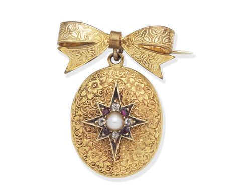 GEM-SET LOCKET BROOCH, CIRCA 1875The engraved locket set with a pearl in a cushion-shaped ruby and diamond starburst surround