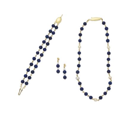 LAPIS LAZULI AND CULTURED PEARL BRACELET, NECKLACE AND EARRINGS1st: The bracelet composed of two rows of lapis lazuli beads, 