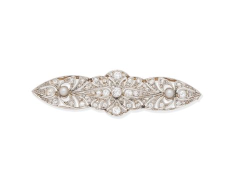 DIAMOND AND PEARL BROOCH, EARLY 20TH CENTURYThe openwork bar brooch, set with cushion-shaped and rose-cut diamonds with pearl