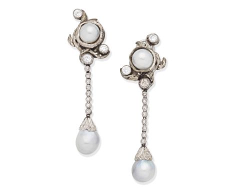 CULTURED PEARL AND DIAMOND PENDENT EARCLIPSEach silver surmount of abstract design, set with an 8.5mm cultured pearl a brilli