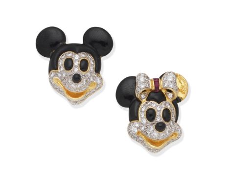 ENAMEL AND DIAMOND-SET 'MICKEY AND MINNIE' EARRINGSEach designed as Mickey and Minnie Mouse, set with brilliant-cut diamonds,