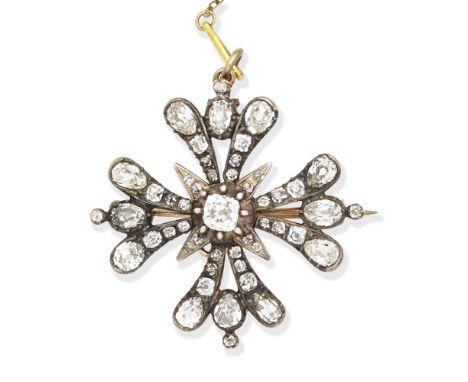 DIAMOND CROSS PENDANT/BROOCH, FIRST HALF OF 19TH CENTURYSet with pear and cushion-shaped diamonds, within closed back and ope