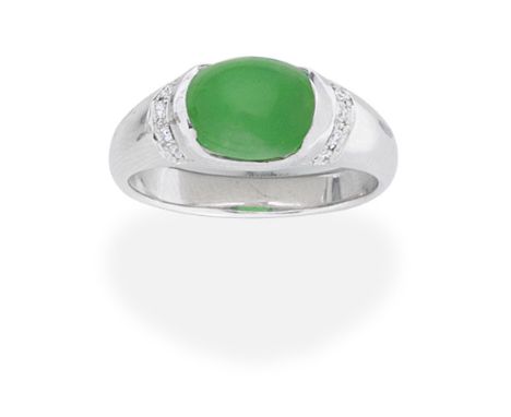 JADE AND DIAMOND RINGThe oval cabochon jadeite jade, between brilliant-cut diamond shoulders, ring size approx. QFootnotes:Ac