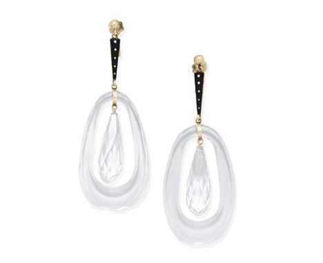 ROCK CRYSTAL AND ENAMEL PENDENT EARRINGSEach black and white spotted enamel surmount suspending a faceted open rock crystal p