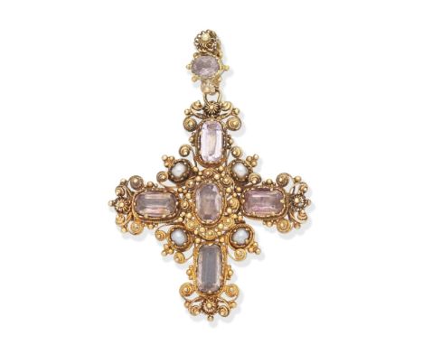 TOPAZ AND SEED PEARL CROSS PENDANT, CIRCA 1820The Latin cross set with cushion-shaped topaz, accented by seed pearls at the c