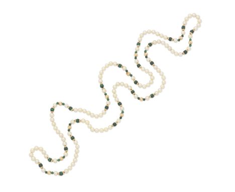 MALACHITE AND CULTURED PEARL NECKLACEThe row of 8.5mm cultured pearls interspersed with malachite and reeded beads, one malac