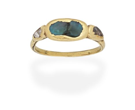 TURQUOISE AND DIAMOND RING, PROBABLY 19TH CENTURYOf rubover design, the two tumbled turquoise set between rose-cut diamonds, 
