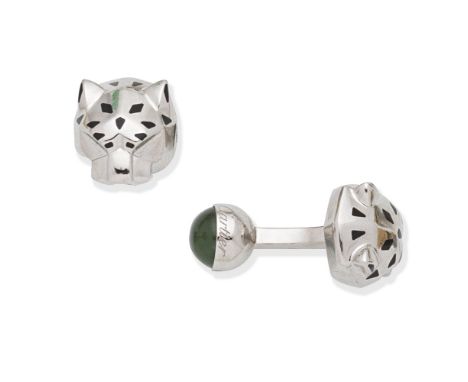 CARTIER: JADE AND LACQUER PANTHER-HEAD DÉCOR CUFFLINKSSingle-sided, each designed as a panther's head, decorated with black l