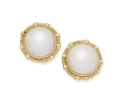 JOHN DONALD: CULTURED MABÉ PEARL EARRINGS, 1998Each cultured mabé pearl within an 18 carat gold reeded and polished surround,