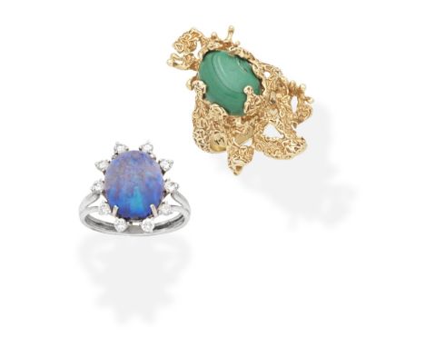 OPAL AND DIAMOND RING; MALACHITE DRESS RING1st: Set with an oval opal cabochon, within a brilliant-cut diamonds, 2nd: The ova