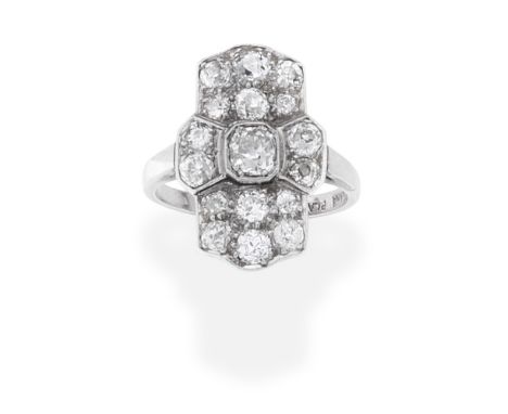 ART DECO DIAMOND PLAQUE RING, CIRCA 1920Set with cushion-shaped diamonds,  diamonds approx. 1.10cts total, ring size approx. 