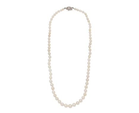 NATURAL PEARL NECKLACE WITH DIAMOND-SET CLASPThe graduated row of 3.5-7.0mm natural pearls, on a brilliant and single-cut dia