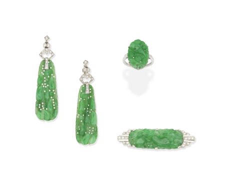 ART DECO JADE AND DIAMOND EARRINGS, BROOCH AND RING, CIRCA 19201st: Each earring with an openwork surmount of geometric desig