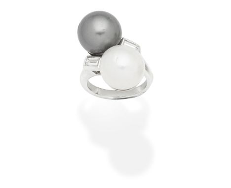 CULTURED PEARL AND DIAMOND RINGTwo obliquely set 12.0mm cultured pearls, of white or black tint, accented by two baguette-cut