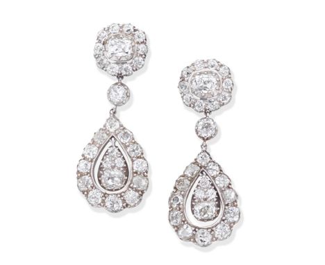 DIAMOND PENDENT EARRINGS, LATE 19TH CENTURY-EARLY 20TH CENTURYEach surmount set with a cushion-shaped diamond cluster, suspen