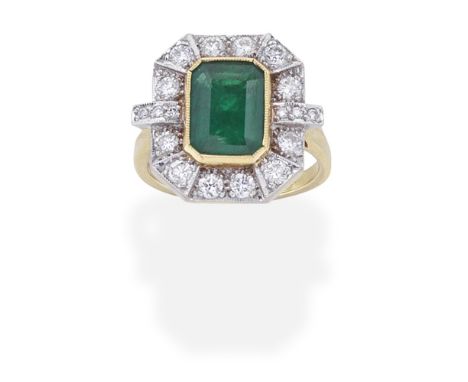 EMERALD AND DIAMOND RINGThe step-cut emerald within a brilliant-cut diamond surround, mounted in 18 carat gold, partial UK ha