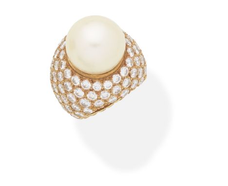 CULTURED PEARL AND DIAMOND DRESS RINGOf bombé design, set with a 15.0mm cultured pearl, the mount pavé-set throughout with br