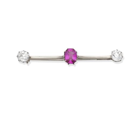 PINK SAPPHIRE AND DIAMOND BAR BROOCHSet with a cushion-shaped pink sapphire, on a knife-wire bar terminating in old cushion-s