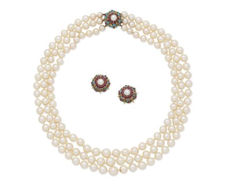 SERGE BOUDER: PEARL NECKLACE WITH GEM-SET CLASP AND EARRING SUITE, CIRCA 1960The three rows of 7.5-10mm cultured pearls, on a