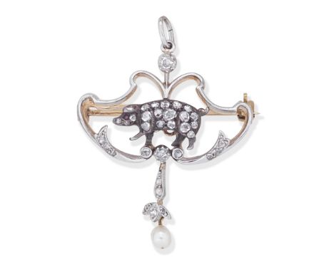 DIAMOND AND PEARL PIG PENDANT/BROOCH, CIRCA 1900Of scrolling design, set with a rose-cut diamond pig, suspending a diamond fo