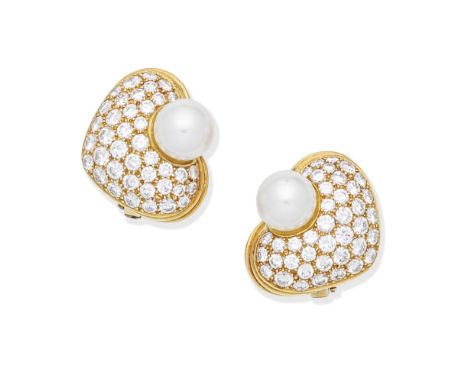 CULTURED PEARL AND DIAMOND EARCLIPSEach heart-shaped plaque set with a 9.0mm cultured pearl and pavé-set with brilliant-cut d