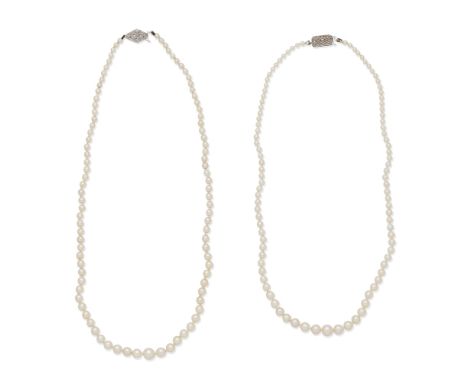 NATURAL PEARL NECKLACE; CULTURED PEARL NECKLACE1st: The single row of 2.8-7.0mm graduating natural pearls, 2nd: The single ro
