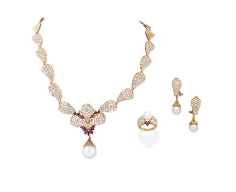 DIAMOND, RUBY AND CULTURED PEARL NECKLACE, EARRING AND RING SUITEThe necklace composed of paisley motif links, set with brill