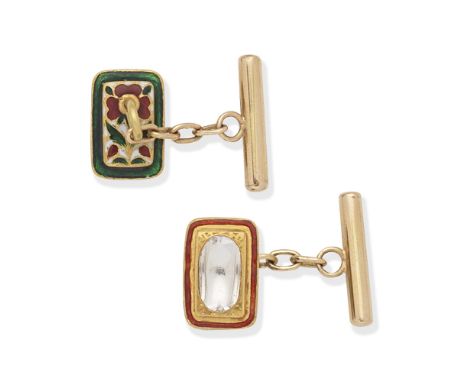 ENAMEL AND DIAMOND CUFFLINKSSingle-sided, each plaque set with a table-cut diamond in foiled closed back setting, with red en