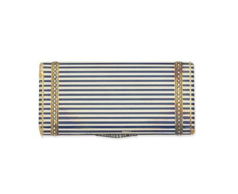 CARTIER: ENAMEL AND DIAMOND-SET CASE, CIRCA 1920Decorated with striped blue and white enamel, on an engine-turned ground, eac