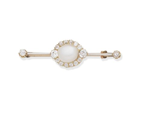 NATURAL PEARL AND DIAMOND BROOCHSet to the centre with a natural pearl and old-brilliant cut diamond cluster, on a knifewire 
