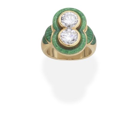DIAMOND AND ENAMEL TWO-STONE RINGSet with two brilliant-cut diamonds, the surround and shoulders decorated with green enamel,