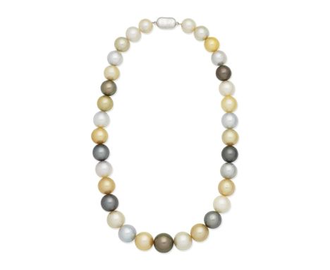 CULTURED PEARL NECKLACEThe single row of 11.0-14.5mm cultured pearls of white, cream, yellow and grey tint, length 44.0cmFor 