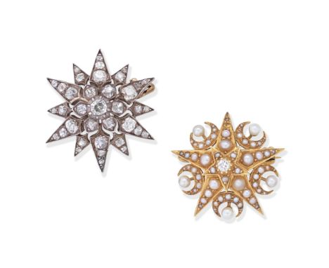 DIAMOND STAR BROOCH; DIAMOND AND SEED PEARL STAR BROOCH, LATE 19TH CENTURY1st: Of starburst design, set throughout with cushi