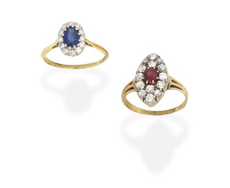 TWO GEM-SET RINGS1st: The navette-shaped plaque, pavé-set with cushion-shaped diamonds, centrally-set with a circular-cut rub