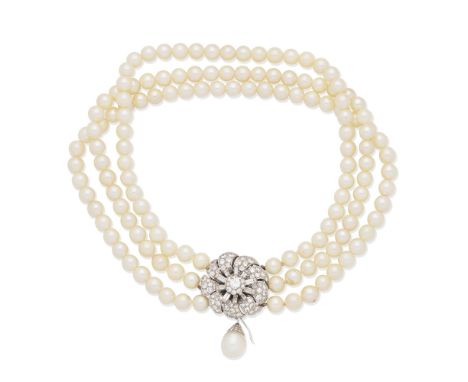 CULTURED PEARL AND DIAMOND CHOKER NECKLACEThe three rows of 6.0-7.0mm cultured pearls, on a mid 20th century clasp of flowerh