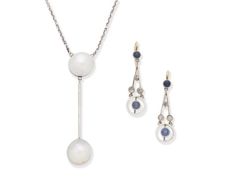 PEARL NECKLACE; SAPPHIRE AND DIAMOND EARRINGS, CIRCA 19001st: Two bouton pearls suspended from a cable-link chain, 2nd: Of kn